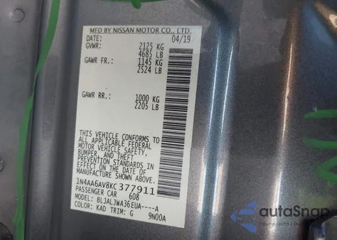 2019 Nissan Maxima 3.5 Sv из США, поврежденный, VIN 1N4AA6AV8KC377911